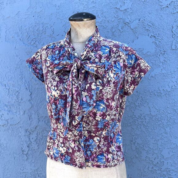 80s Floral Blouse Cottagecore in Womens Small Country Top with Bow - Picture 2 of 10